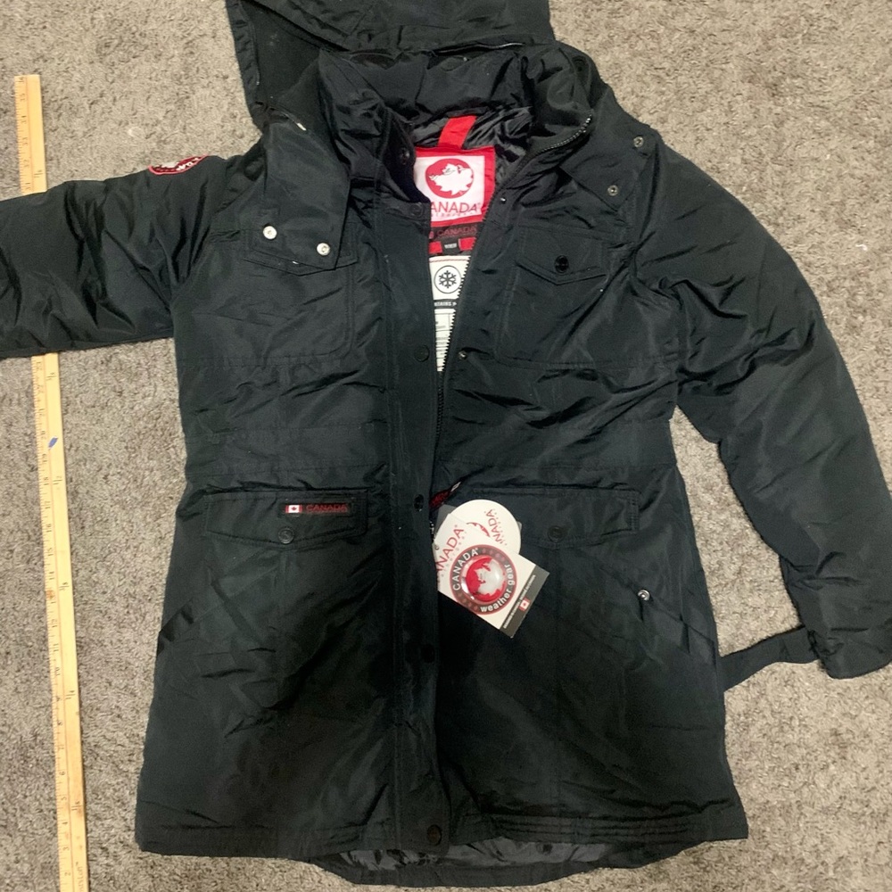 Canada weather gear goose down long black snow jacket NWT